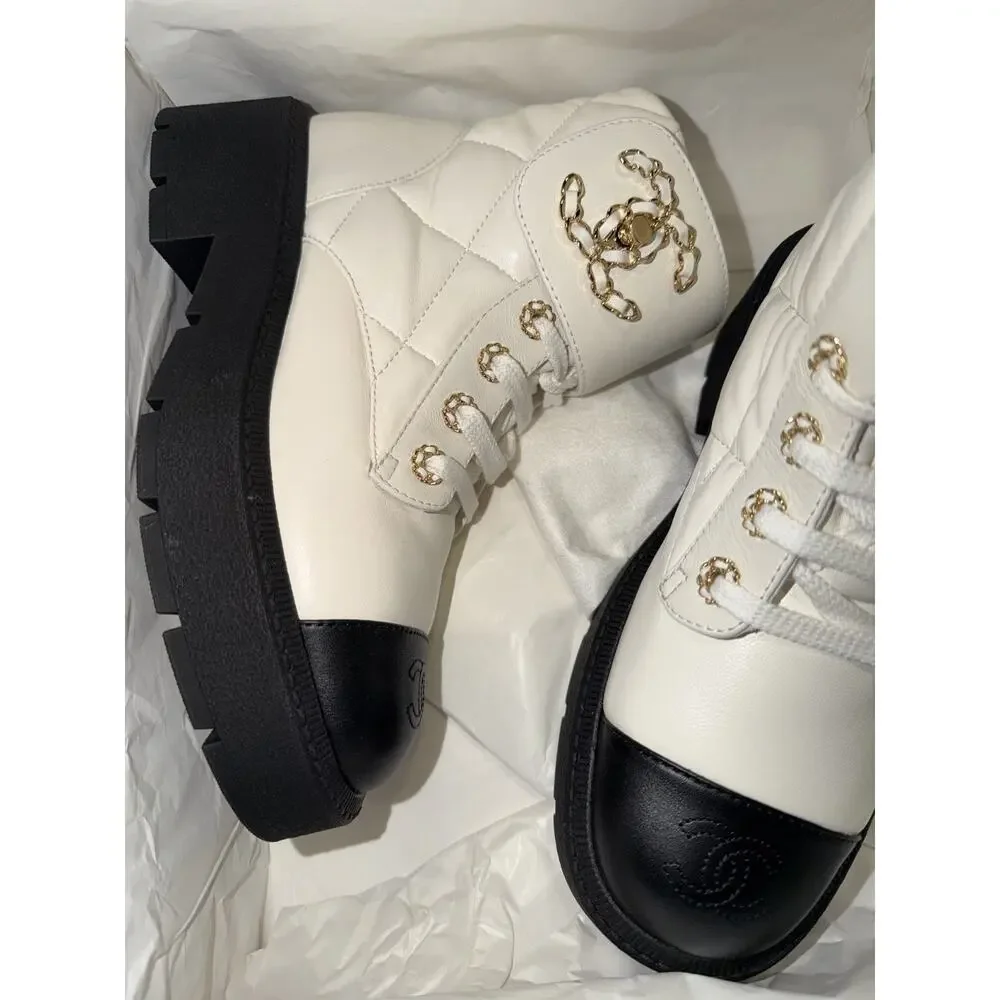 Chanel 24B White Quilt Gold CC Chain Combat Black Platform Ankle Short Boots 37c - Picture 10 of 16